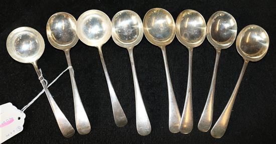 Pair of George III silver sauce ladles, London 1792 and a set of six silver soup spoons, Sheffield 1907